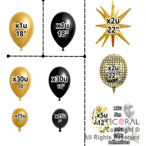 SET DE GLOBOS ARCO XL ESFERA NEGRO Y ORO LA756 103 UNIDADES